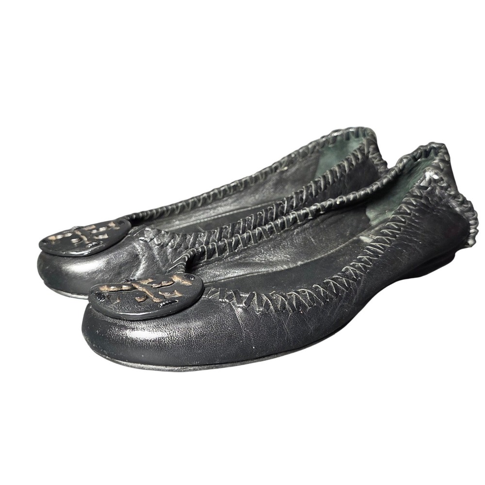 Tory Burch Reva Black Leather Whipstitch Logo Ballet Flats Shoes